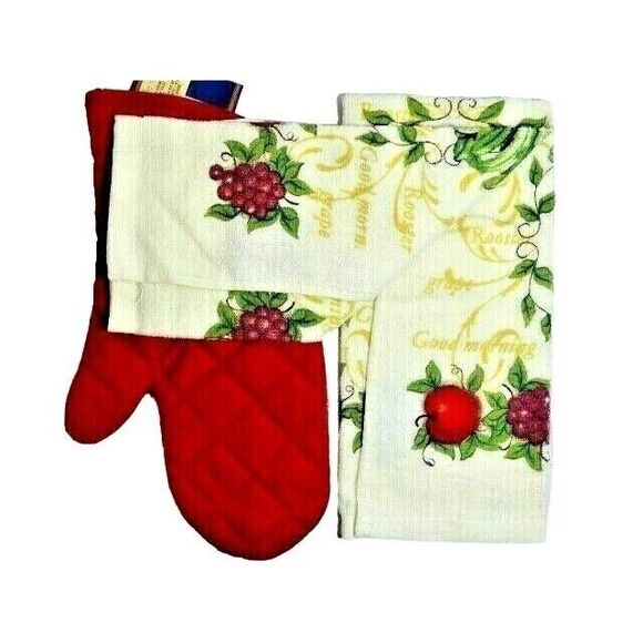 Rooster on Wine Barrel Kitchen Towel Oven Mitt 2pc Grapes Apple Farmhouse Gift - Picture 3 of 3